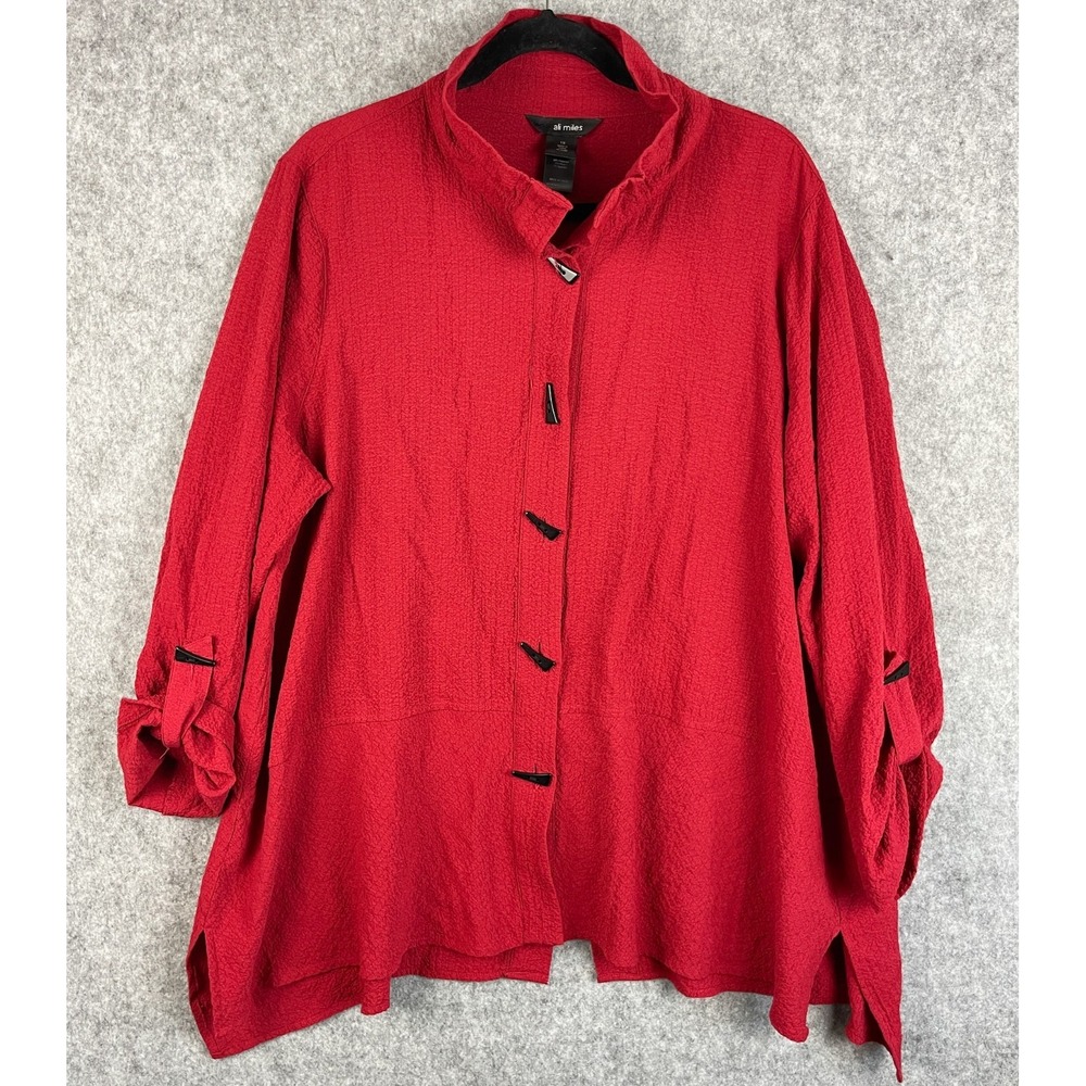 Ali Miles Tunic Top Womens 1X Red Crinkled Wired Collar Roll Tab Artsy Lagenlook